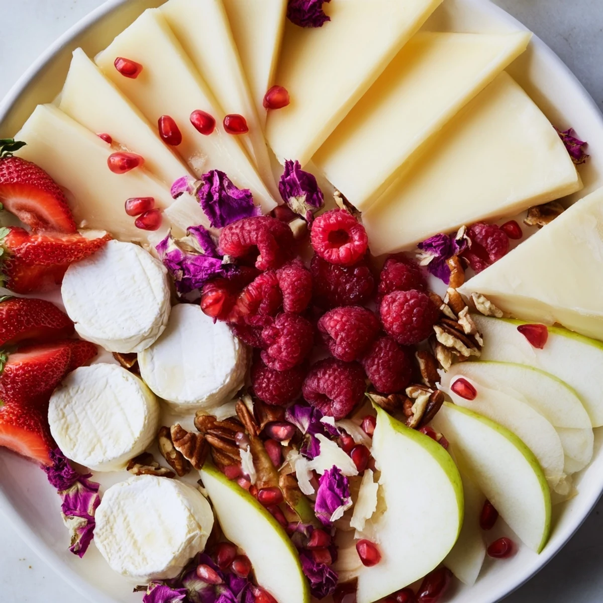 The appetizing Rose Garden Romantic Platter features creamy brie, manchego, and floral accents as an elegant appetizer.