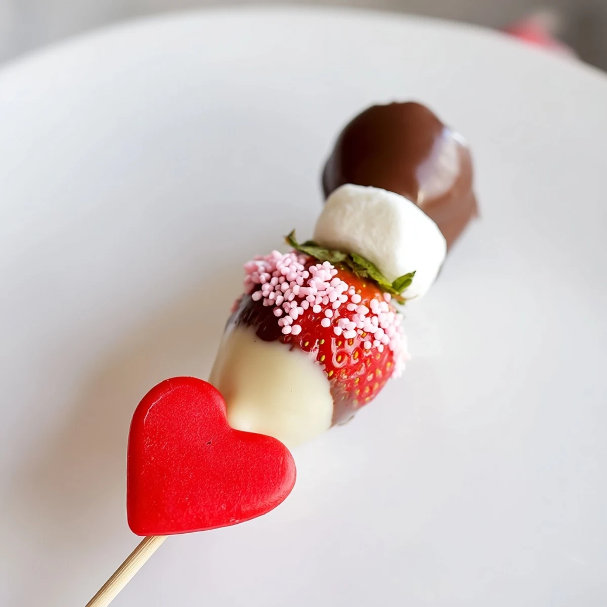 Close-up of a Cupids Arrow Candy Tray with heart gummies and chocolate-covered strawberries.