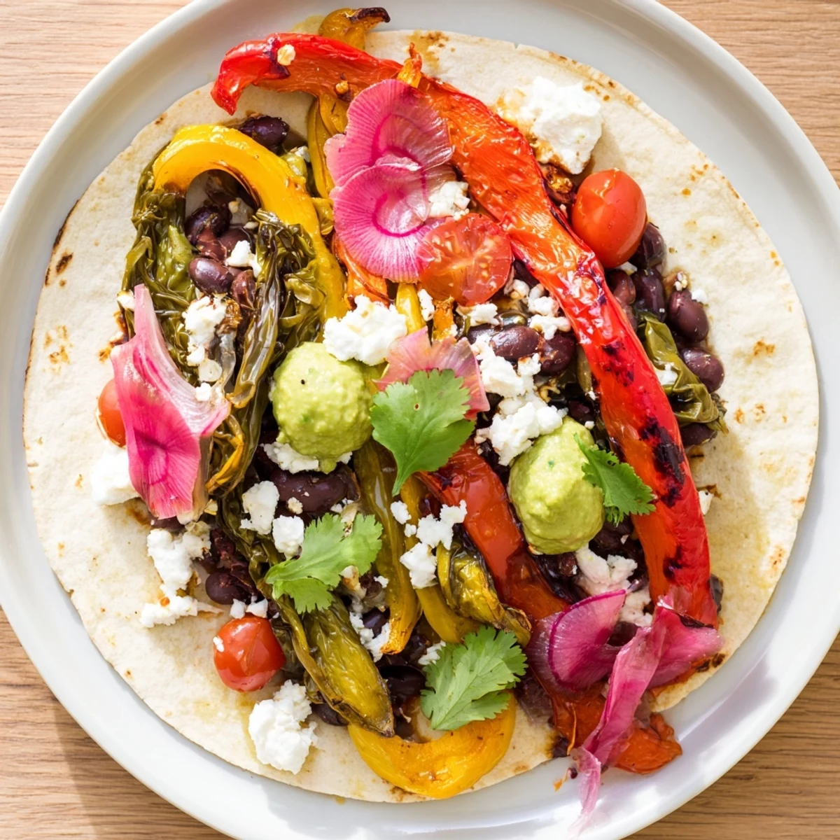 Desert Bloom Cactus Taco Board with colorful roasted vegetables and fresh salsas, ready to eat.