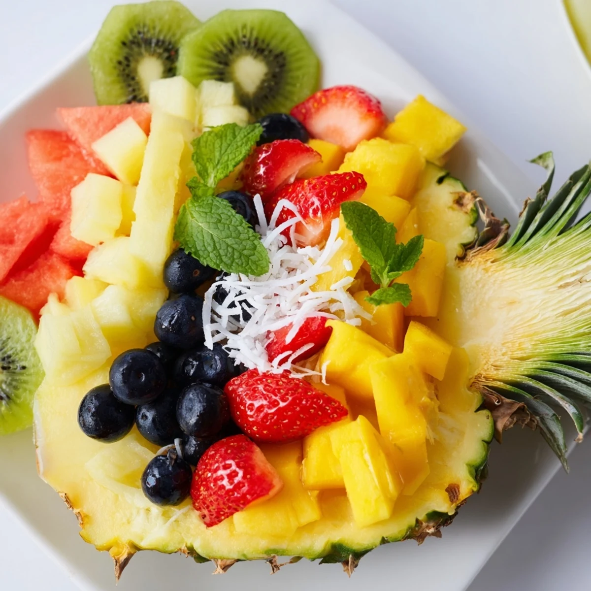 Vibrant Tropical Bliss Pineapple Fruit Boat overflowing with colorful fruit, perfect for a summer dessert.