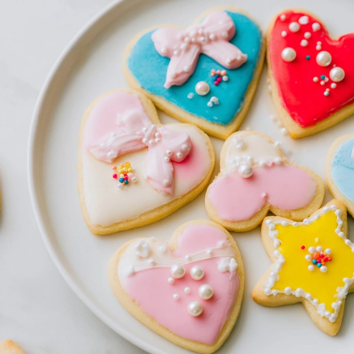 Close-up of freshly iced Pretty Bows Heart & Star Cookies, showcasing various colors and festive decorations.