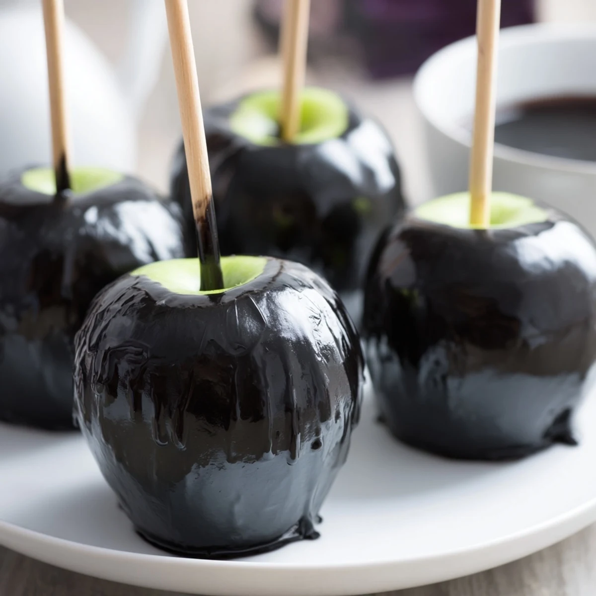 Close-up of shiny black Poison Apple Halloween treats displayed with party snacks and dips.