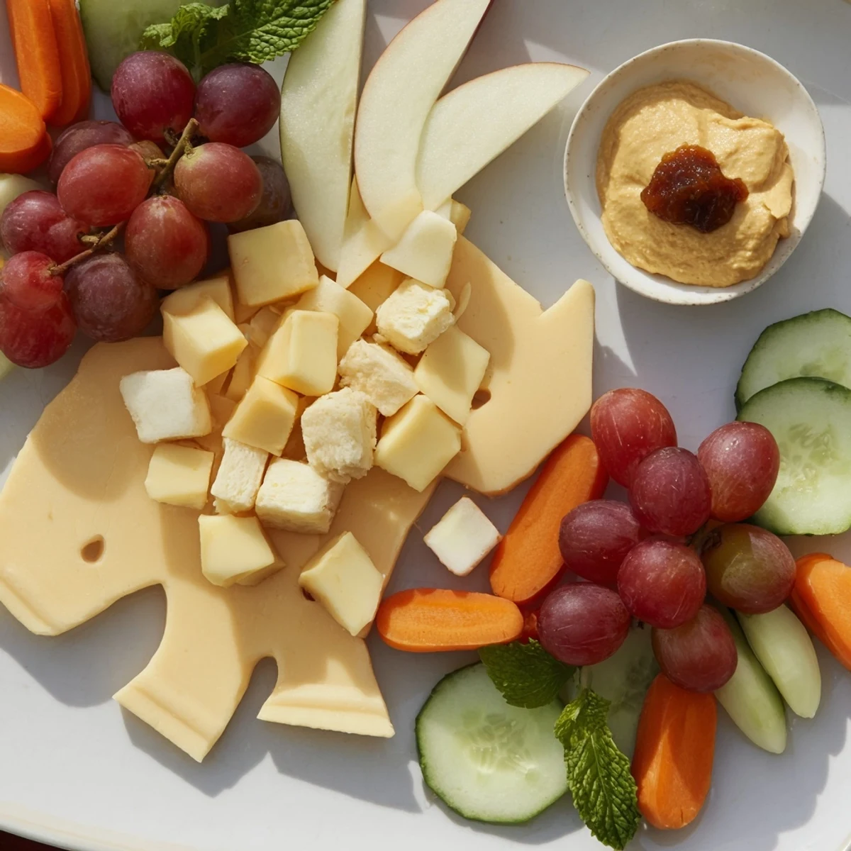 Vibrant Elephant Cracker Board: See this delicious arrangement of elephant crackers with grapes, cheese, and hummus!