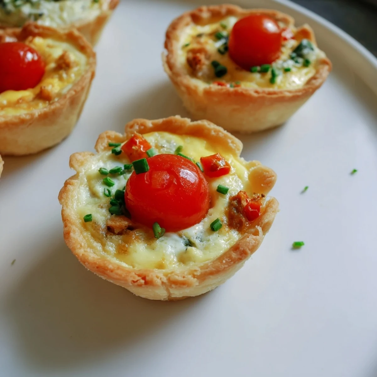 A gorgeous overhead shot of Couronne Florale Mini Quiches arranged as a wreath, garnished with fresh herbs.