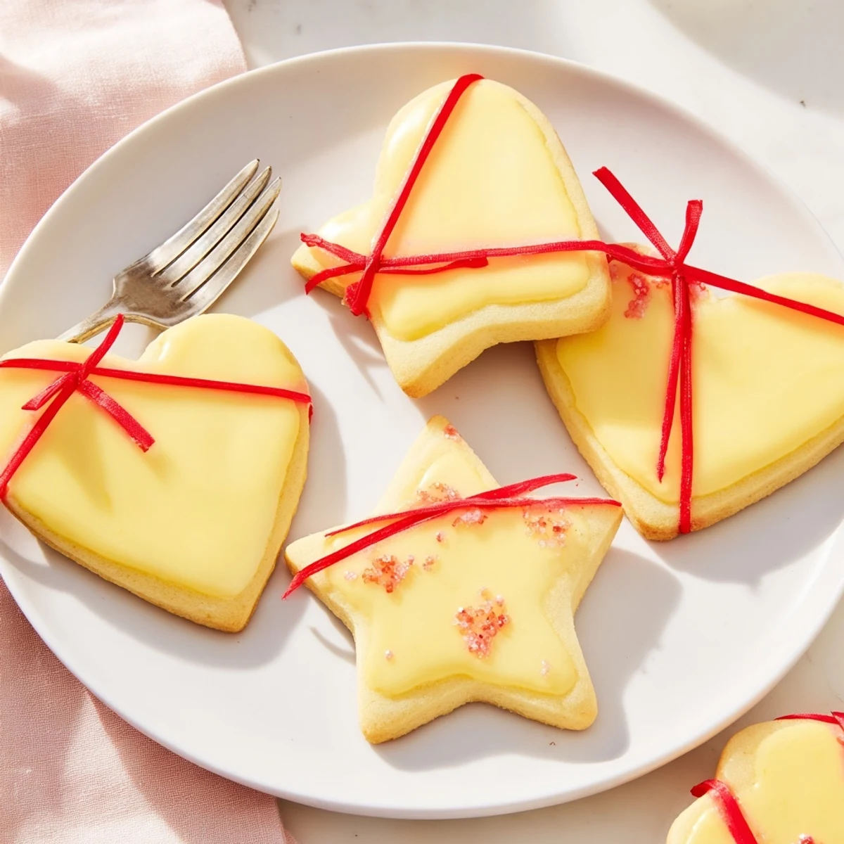 Delicate Mignonneries Coeurs et Étoiles Rubans cookies, heart and star shapes, iced then tied with silk ribbon.