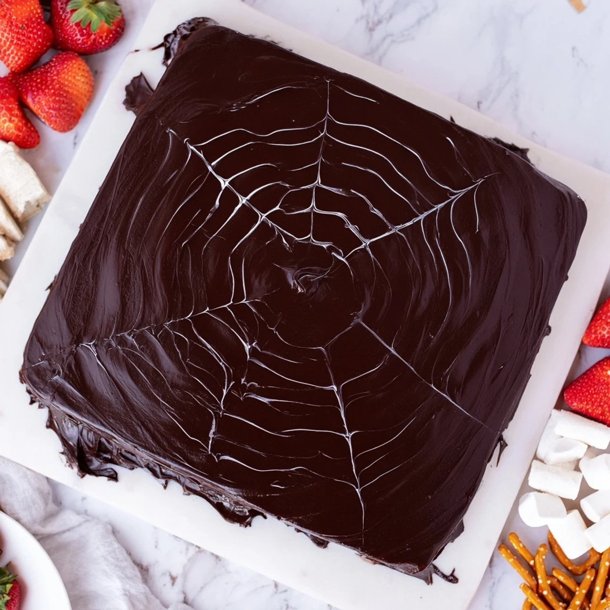 Velvety dark ganache spiderweb, showcasing a spooky Spiderweb Chocolate Ganache Board with colorful treats.