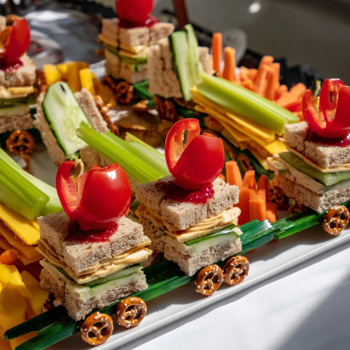 Train Track Sandwich Board featuring colorful sandwiches arranged into a fun, edible train on a platter.