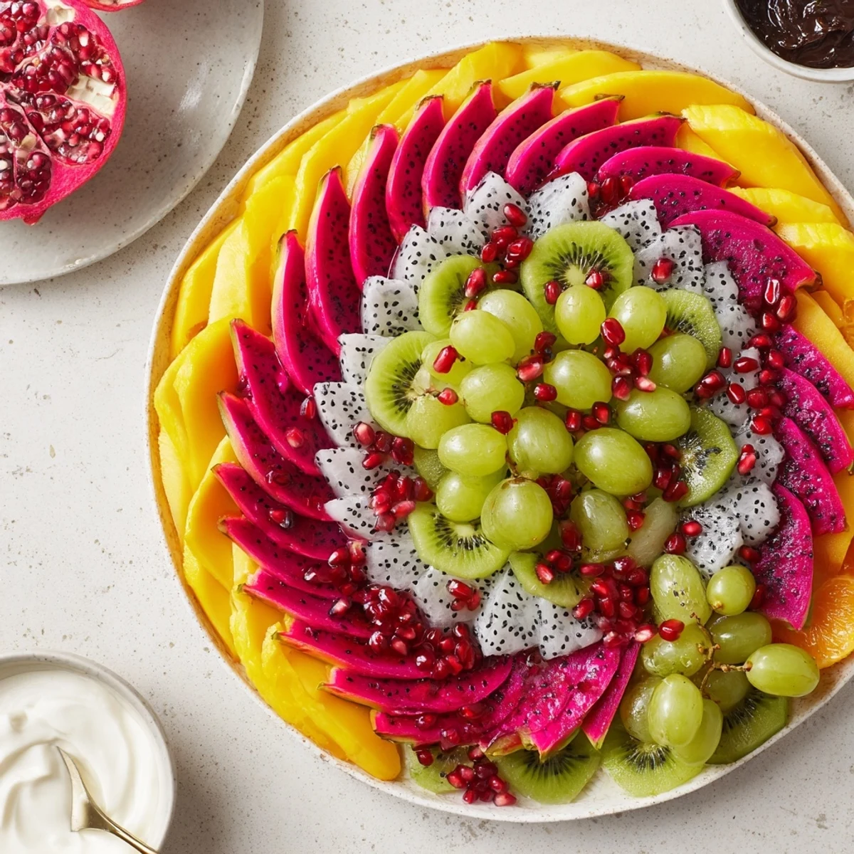 Freshly cut, colorful fruits come together in this Dragon Scales Fruit and Dip Board arrangement, ready to be enjoyed.