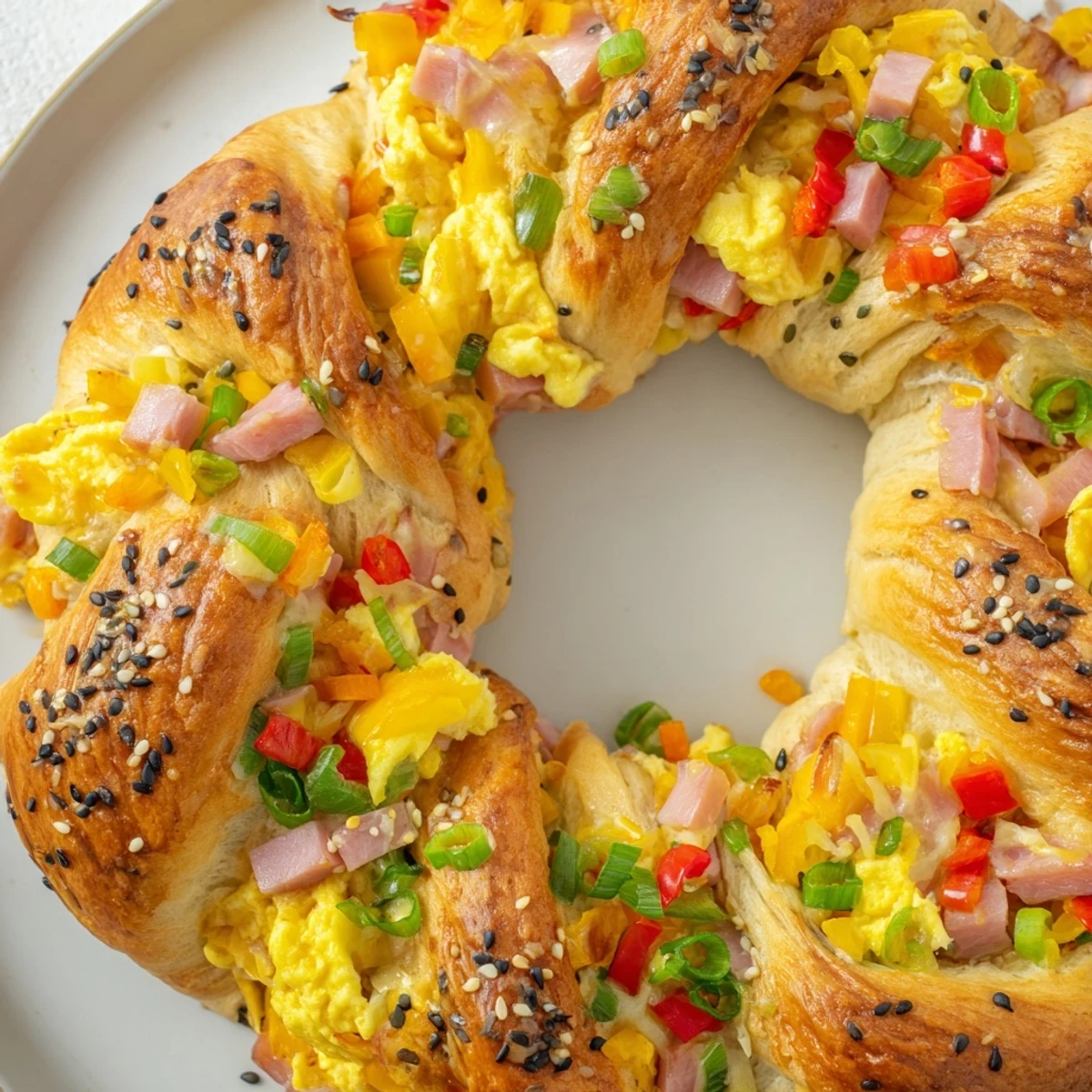 Fluffy Wreath-Shaped Egg and Ham Bake, a golden-brown brunch creation with savory ham and cheese.