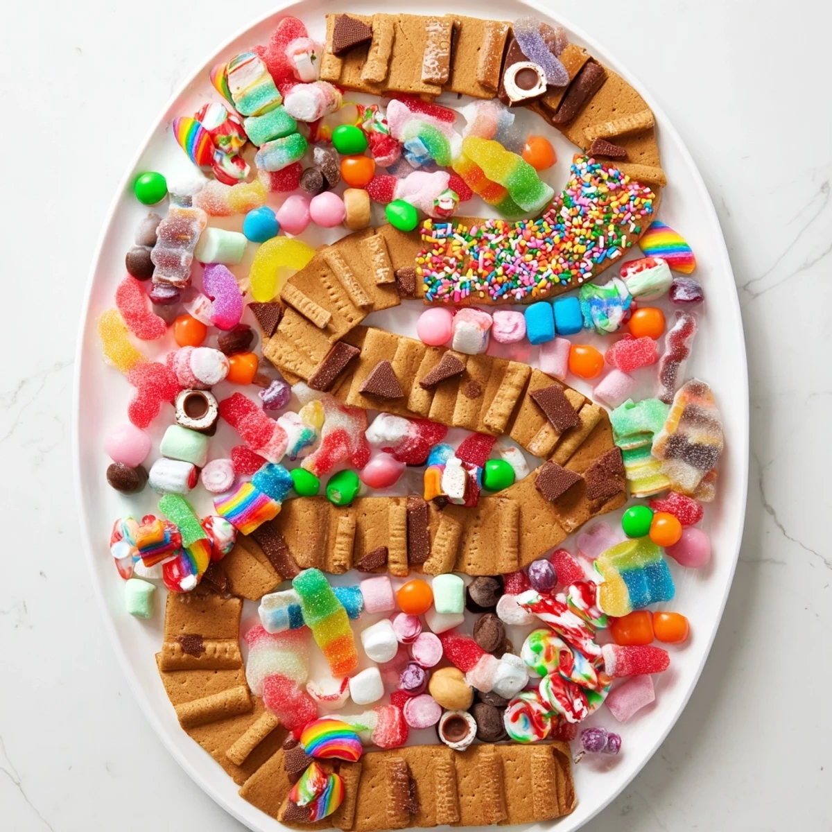 Candy Land Gingerbread Path dessert board showcasing a whimsical path of gingerbread cookies and colorful candies.