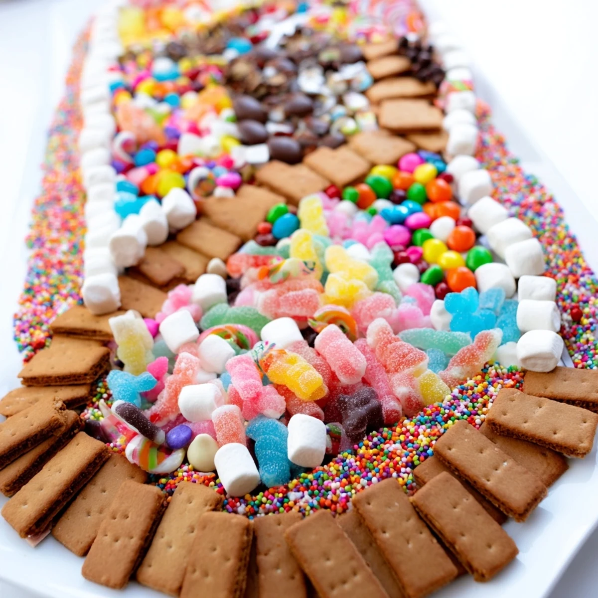 This Candy Land Gingerbread Path dessert displays vibrant assorted candies leading down a gingerbread trail.