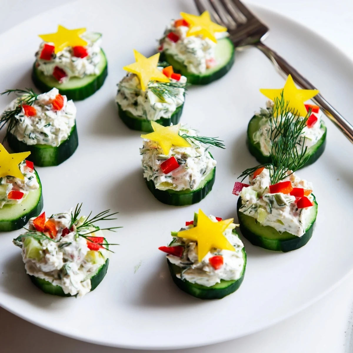 Close-up of refreshing Holiday Star Cucumber Bites, with colorful toppings and perfect for a holiday spread.