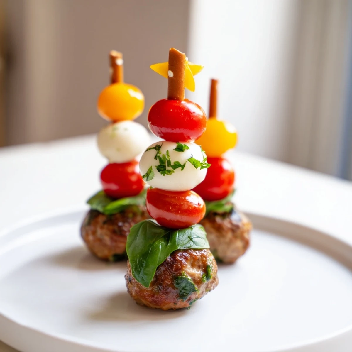 Delicious mini meatball Christmas trees arranged on a platter, ready for a festive appetizer.