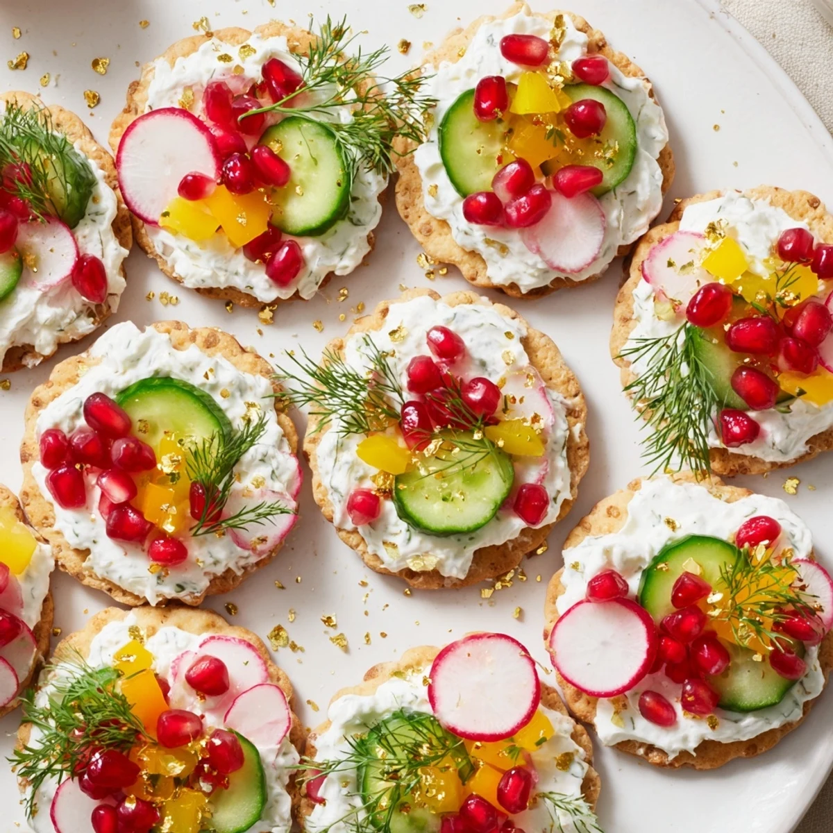 Festive, ornament-shaped cracker toppings arranged artfully with colorful bell peppers, ideal for holiday appetizers.