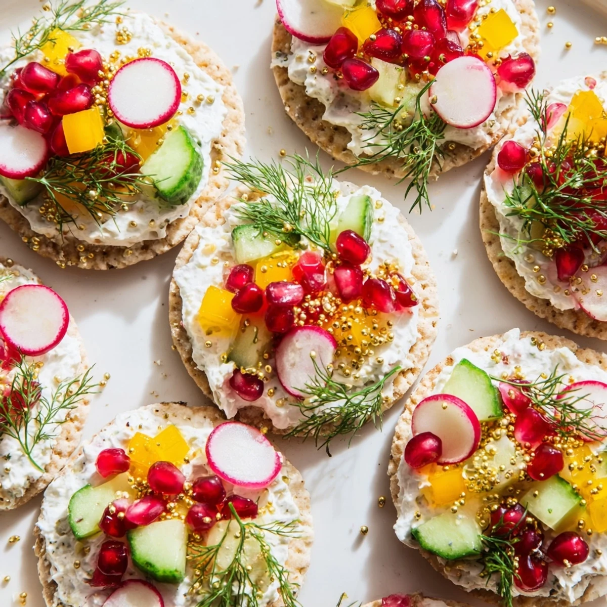 Vibrant arrangement of fresh holiday ornament-shaped cracker toppings, a creative and visually appealing party snack.