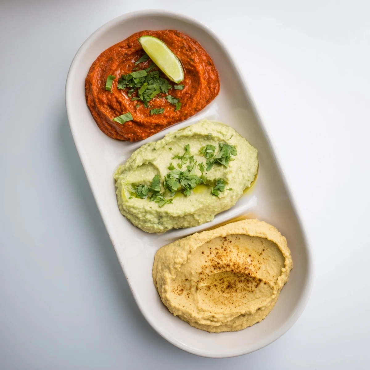 Three vibrant dips, avocado, red pepper, and turmeric hummus, form this delicious dip trio.