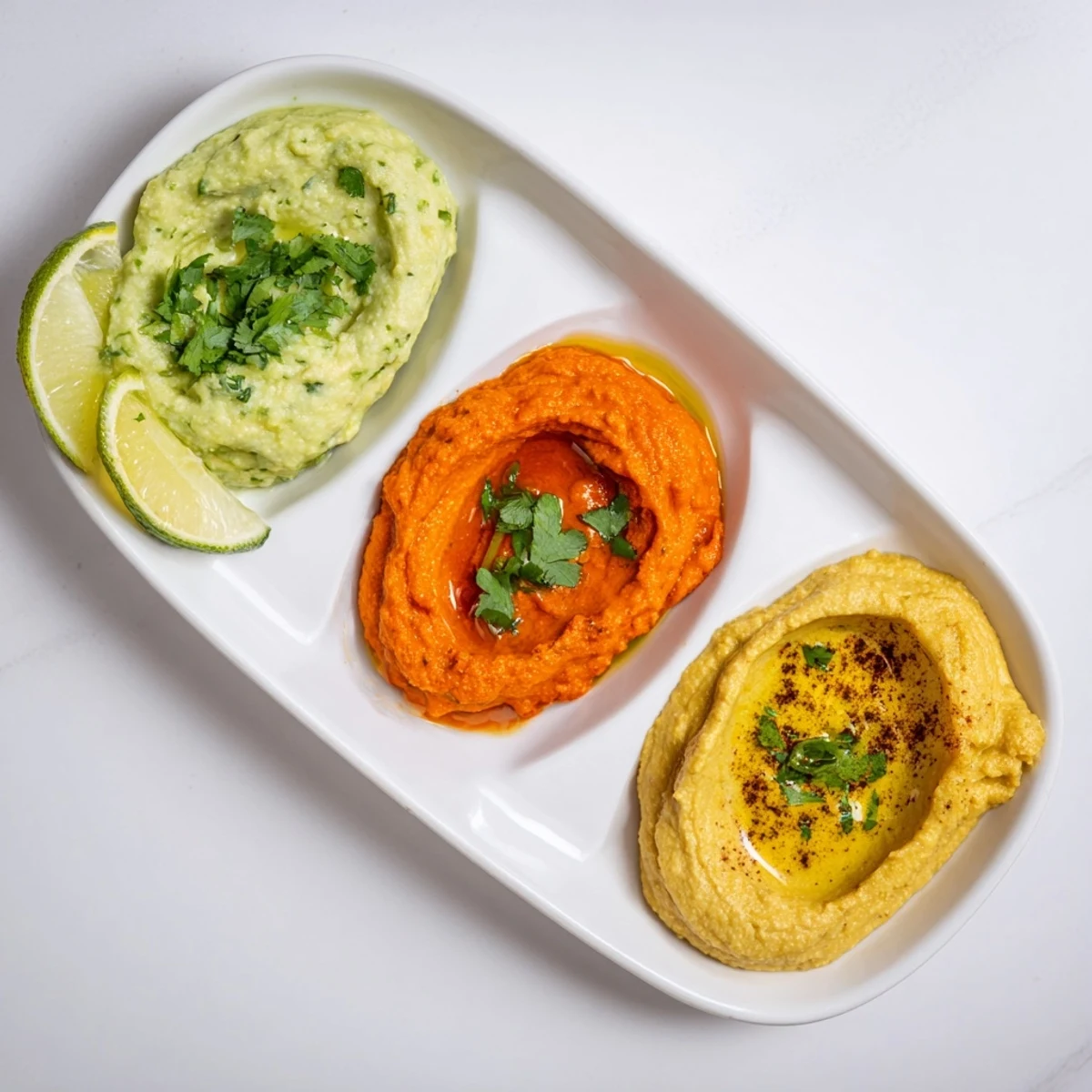 A gorgeous line of the dip trio shows a creamy green avocado against red and yellow.