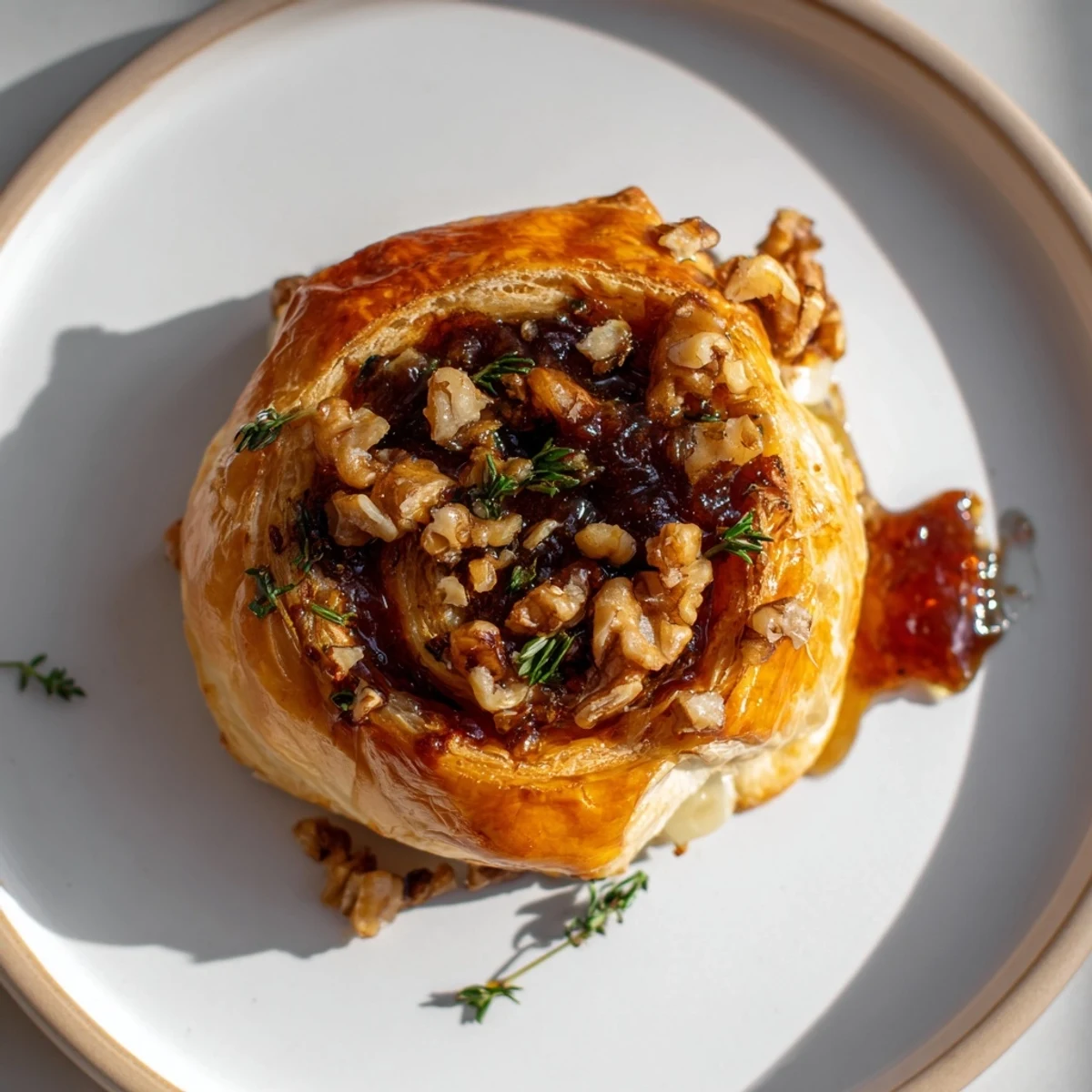Golden-brown baked Brie with fig jam swirl, ready to be sliced and served with crackers.