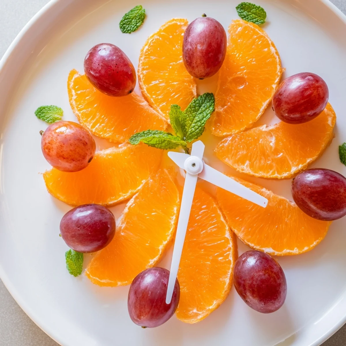 Vibrant Grape and Orange Slice Clock Face: a refreshing fruit platter with juicy orange segments and sweet grapes.