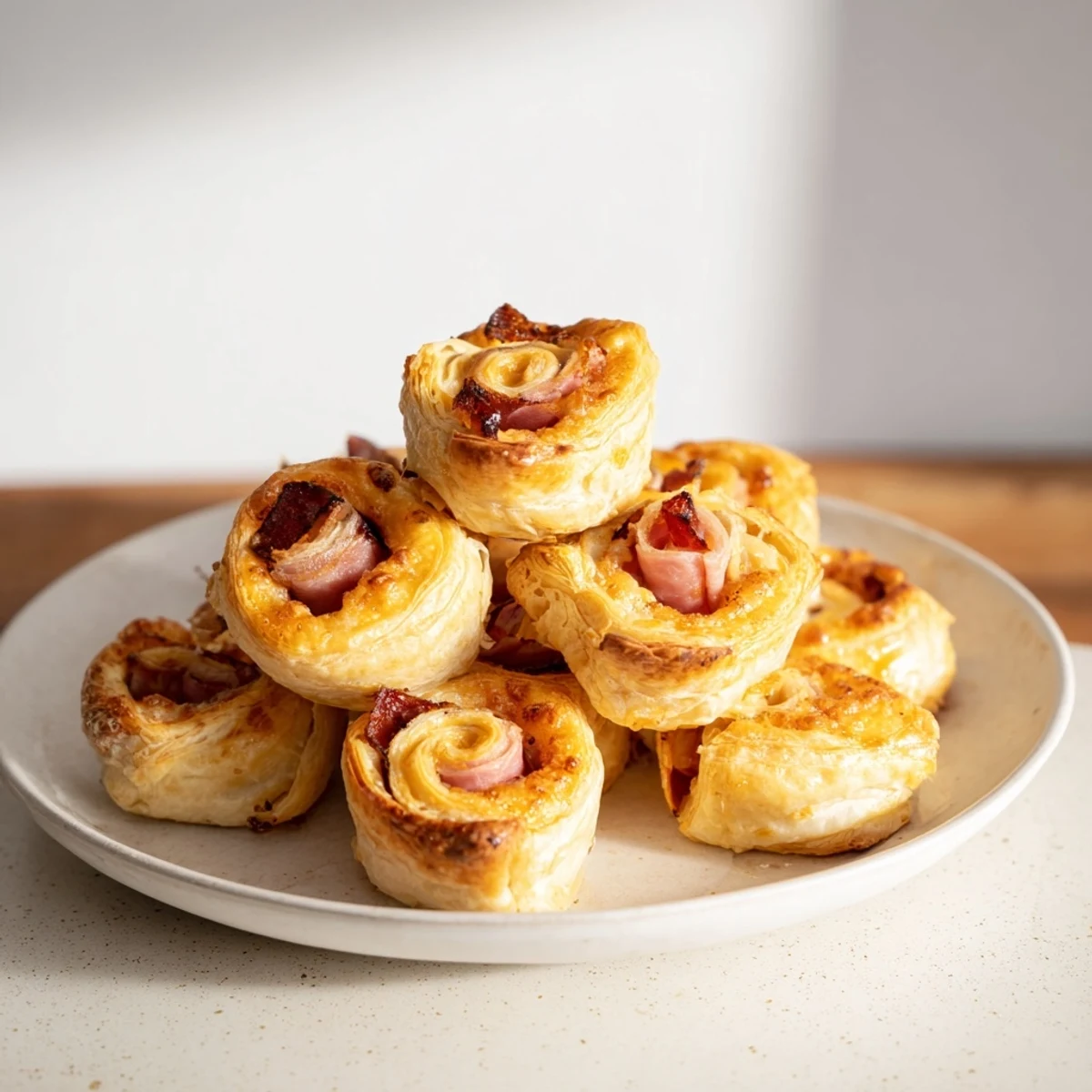 Golden, flaky Savory Ham and Cheese Pinwheel Rolls fresh from the oven, ready to enjoy.