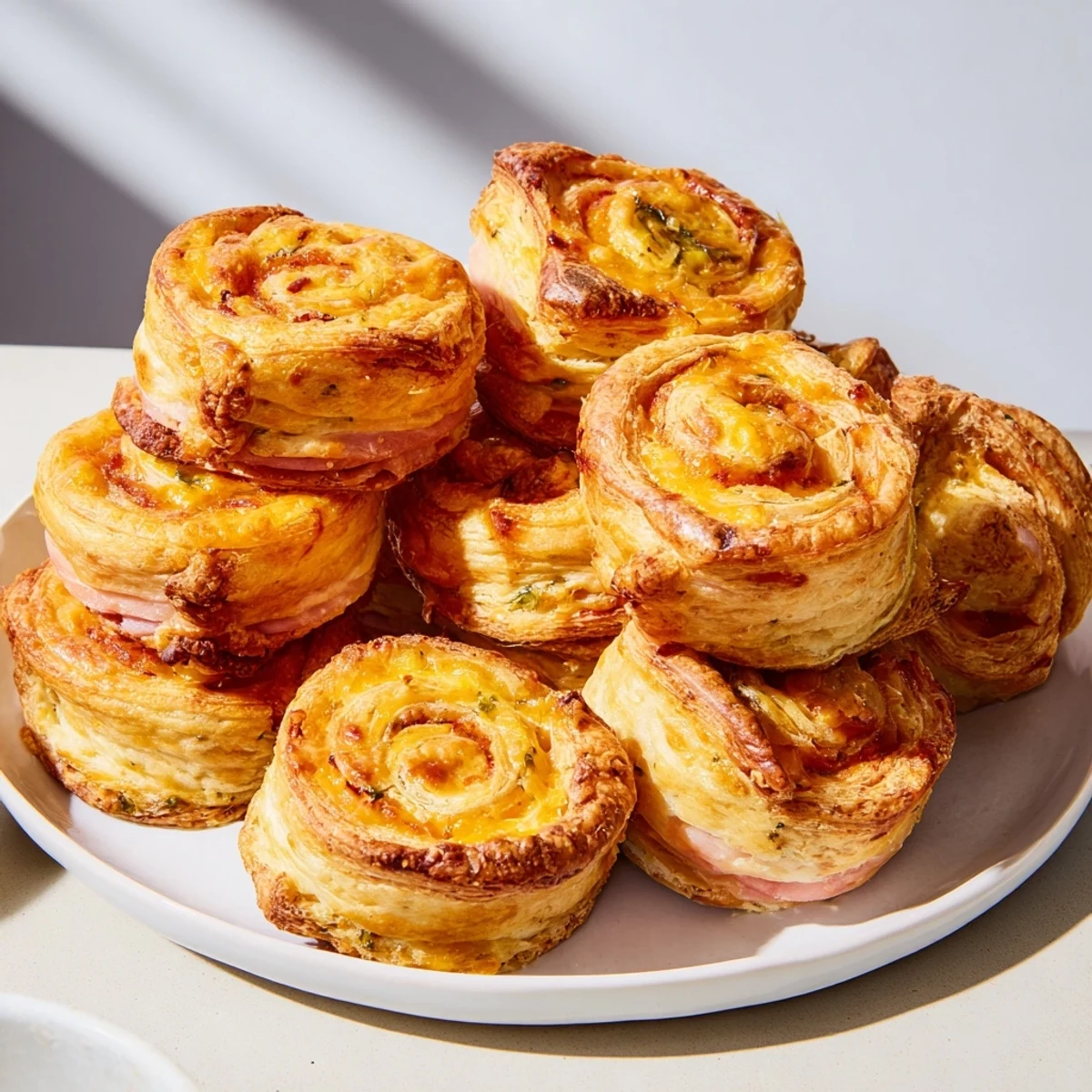 Melted cheese spills from the center of each savory Ham and Cheese Pinwheel, perfect for a party.