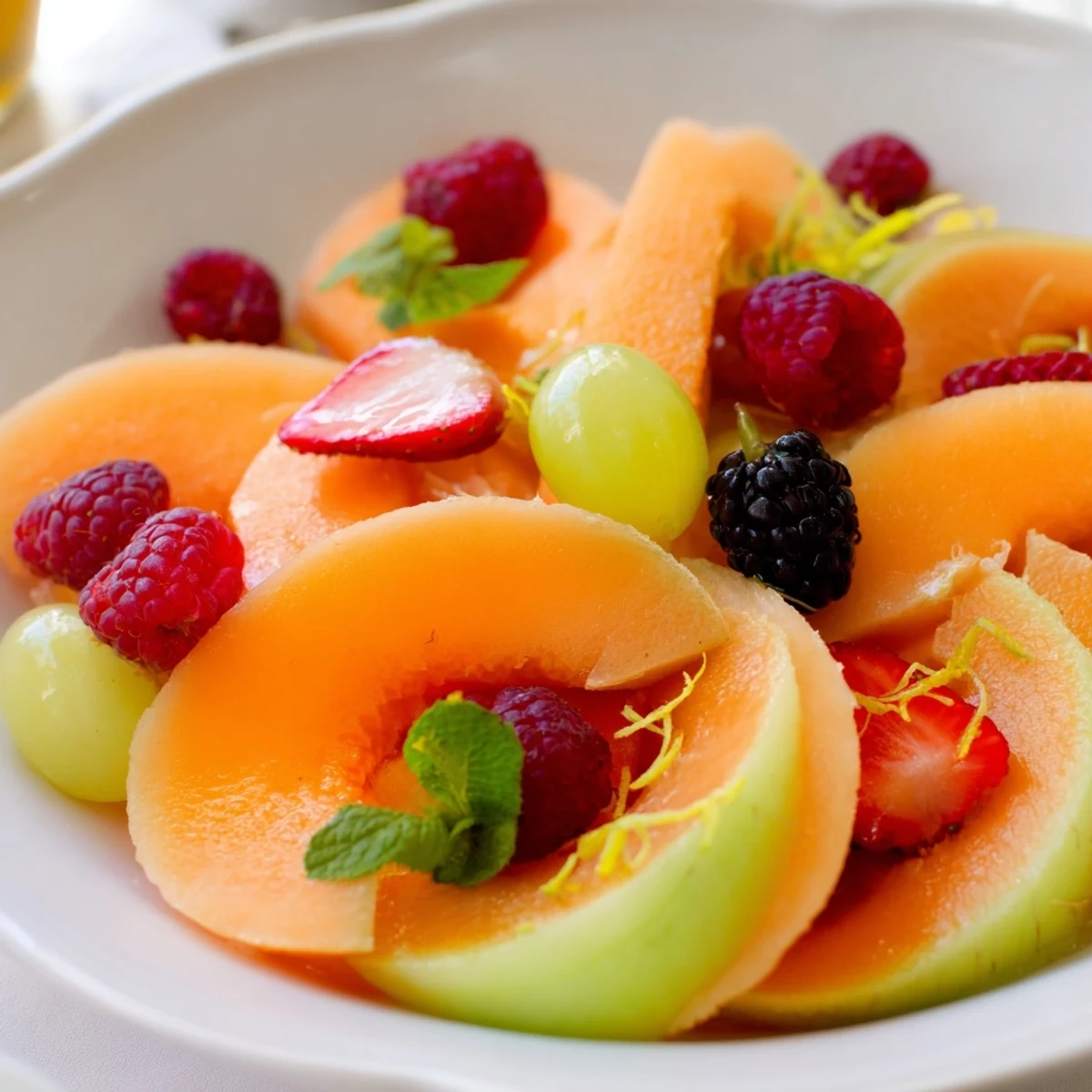 Fresh fruit platter arrangement: concentric circles of sweet melon and juicy berries ready to serve.