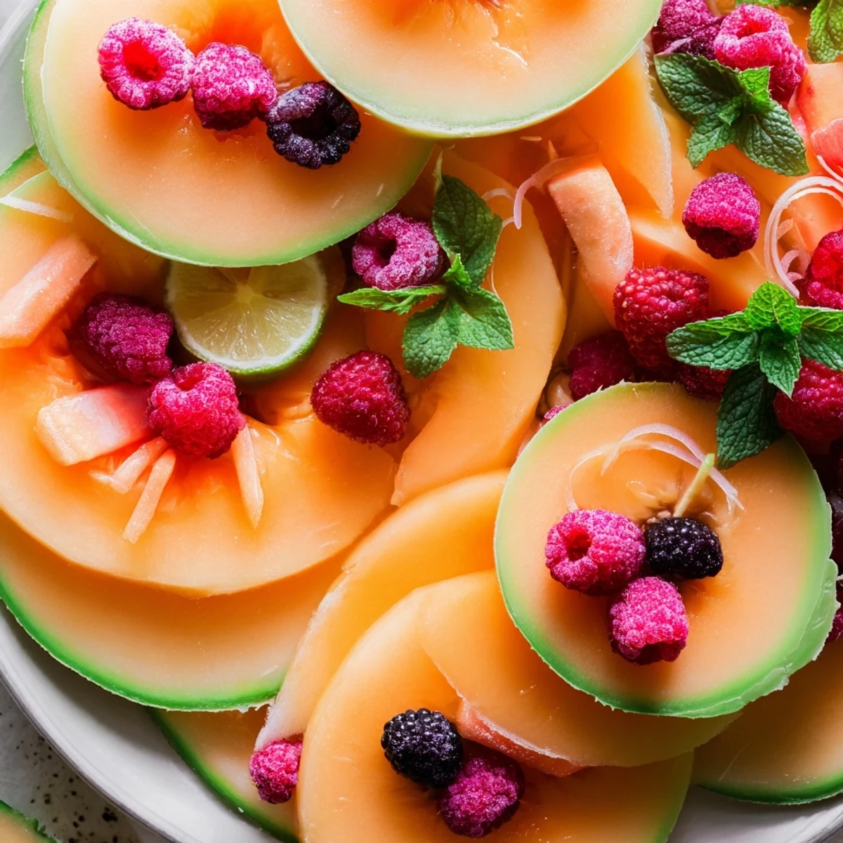 Colorful fruit platter featuring watermelon, cantaloupe, and berries; a simple, refreshing summer dessert.