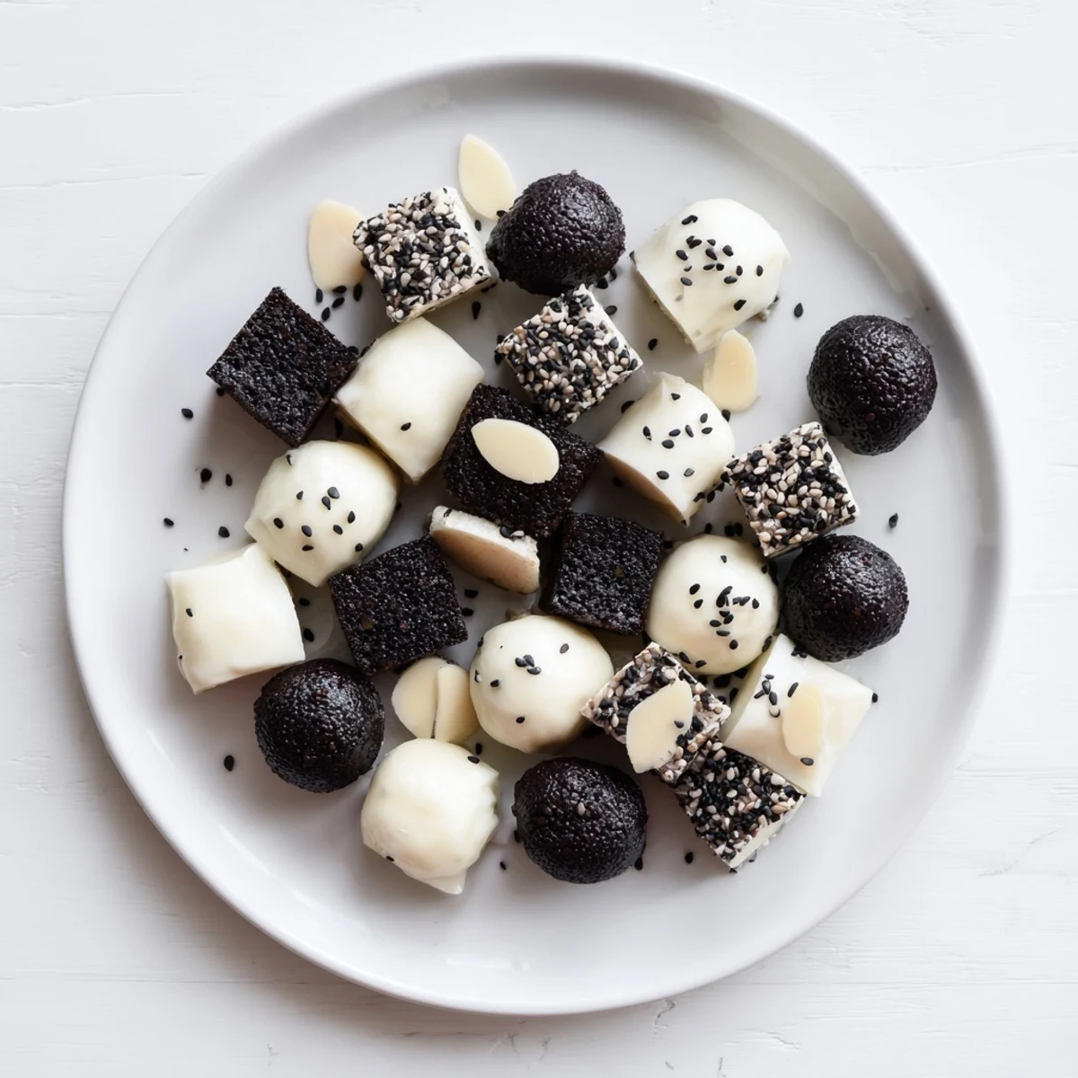Black and White Formal Affair appetizer platter with olives, mozzarella, and geometric rye bread.