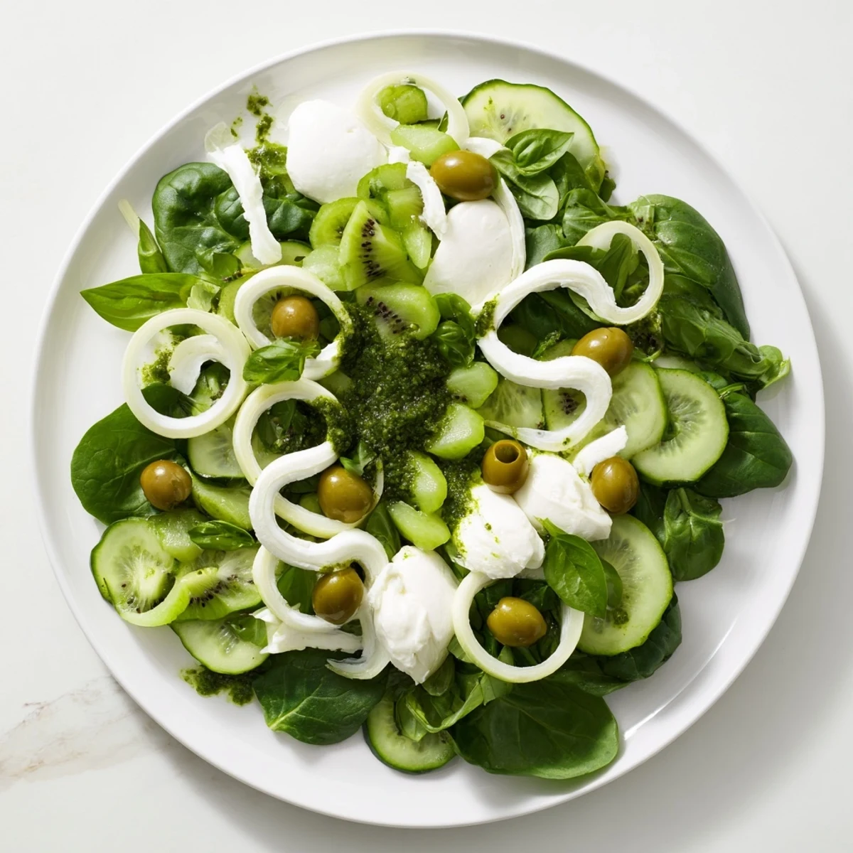 This inviting Emerald Isle Greenscape salad combines fresh greens, fruits, and a pesto dressing.