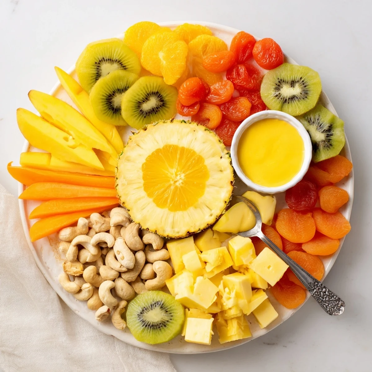 A vibrant Sunny Yellow Citrus Burst grazing board overflowing with colorful fruits, cheeses, and crackers.
