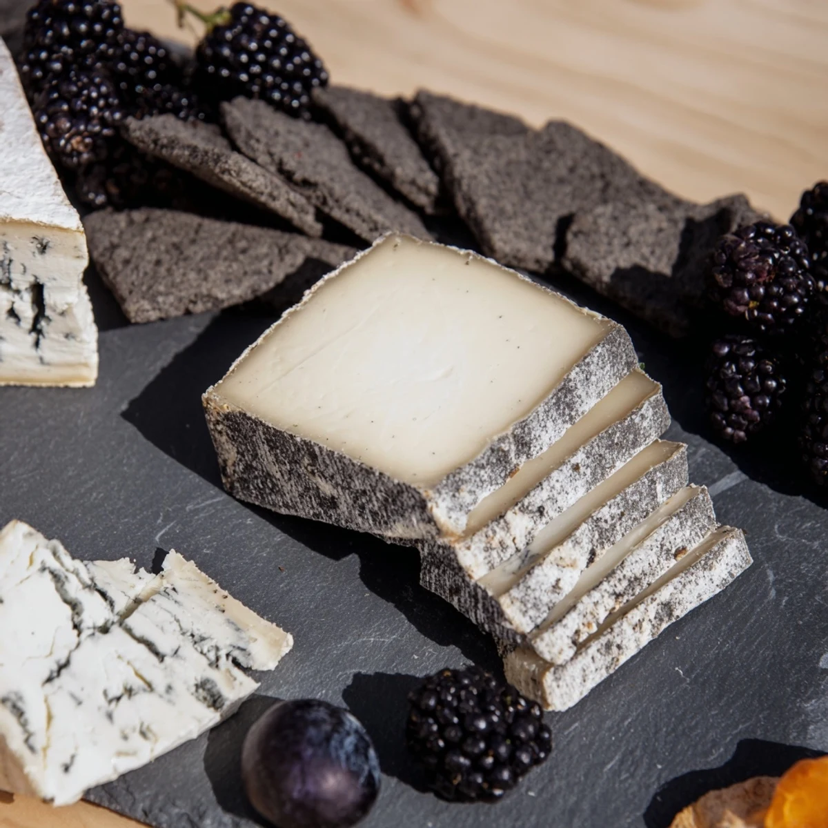 Elegant Monochrome Gray Stone Cheese Board, artfully arranged with ash-rinded cheeses, ready to serve.
