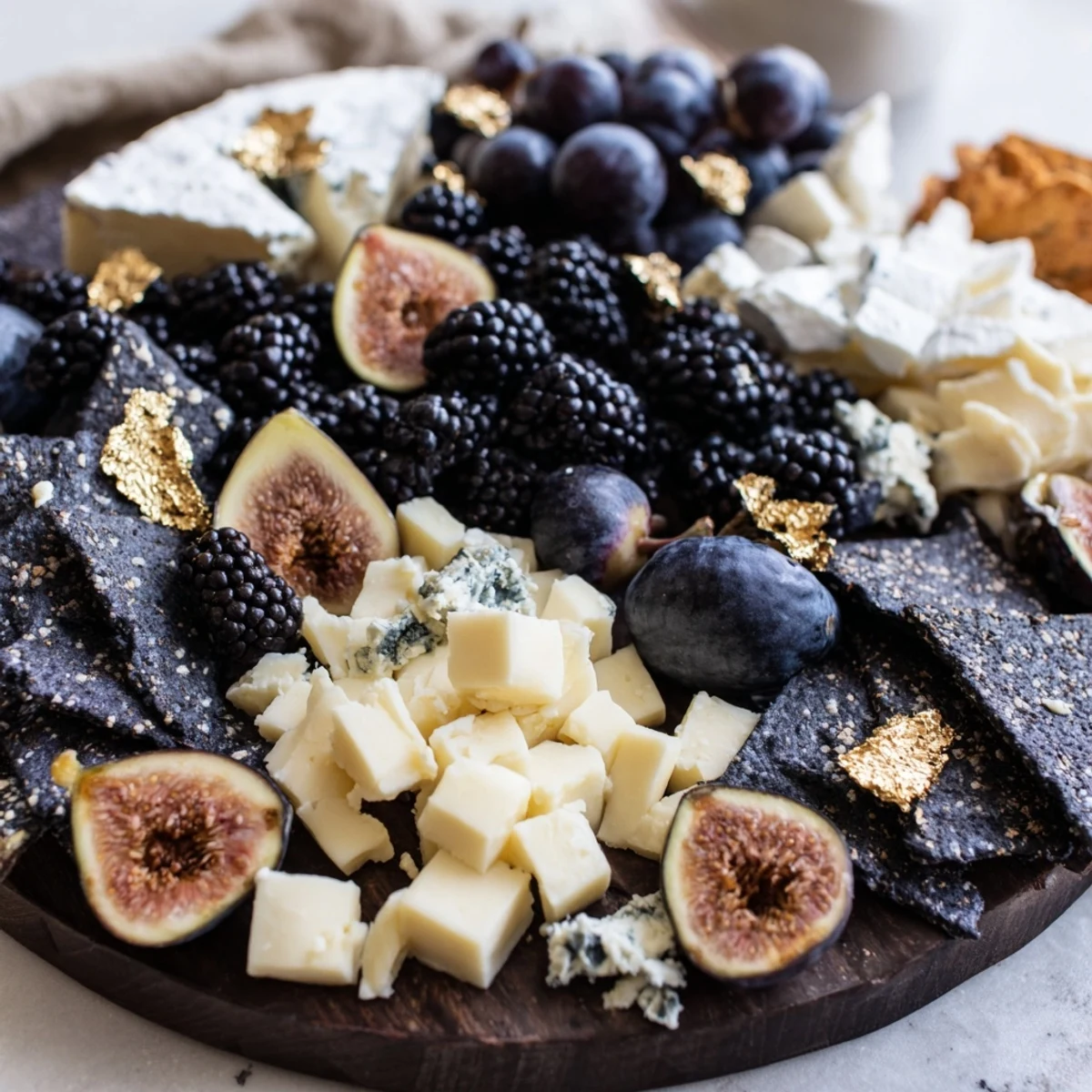 Beautiful Deep Indigo Midnight Sky cheese board featuring fruits, cheeses, and gluten-free black rice crackers.