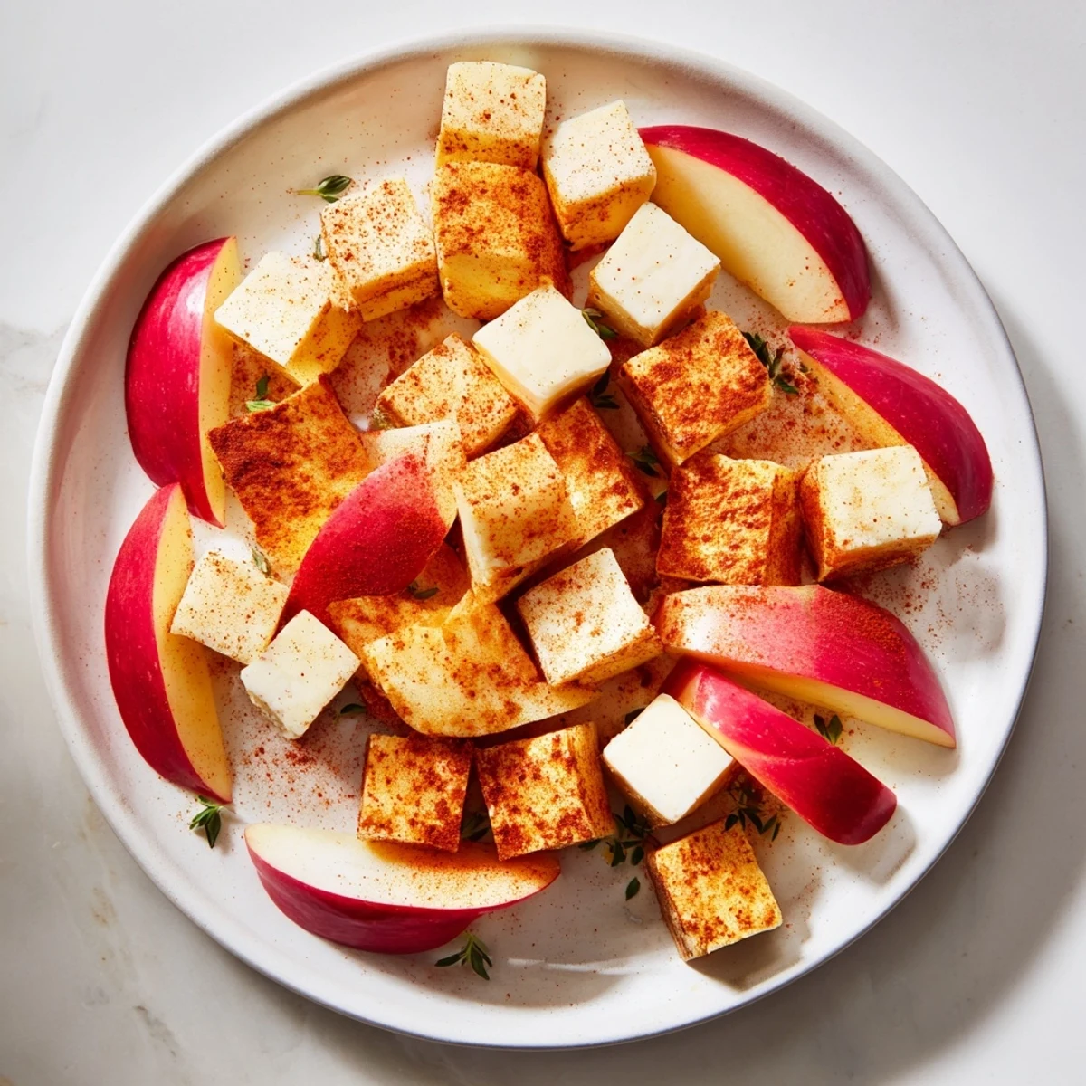 Smoked paprika coats cheeses in this The Autumn Ember, a fall appetizer with brilliant red apples.