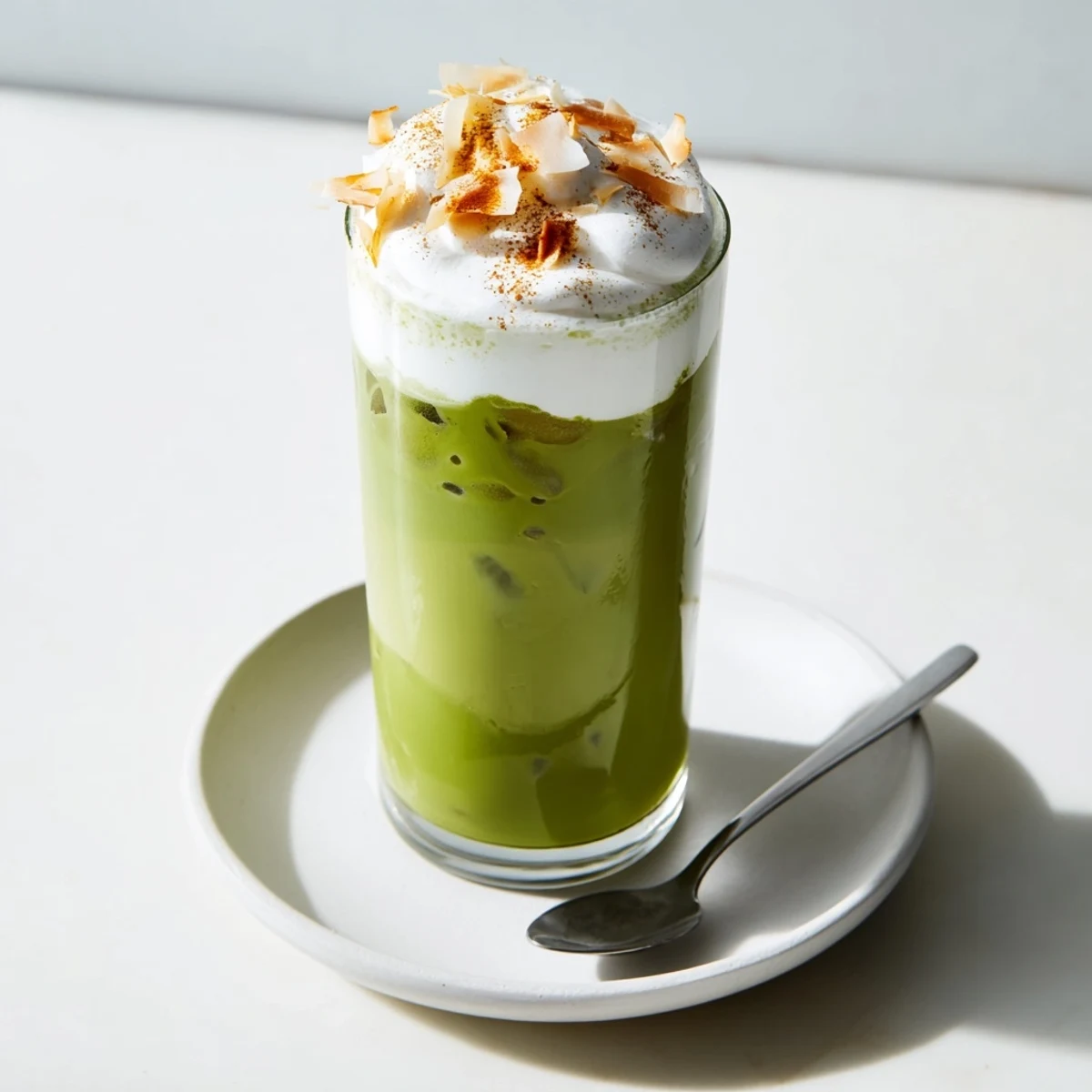 Frothy, vibrant green Toasted Coconut Gingerbread Iced Matcha topped with creamy whipped cream.