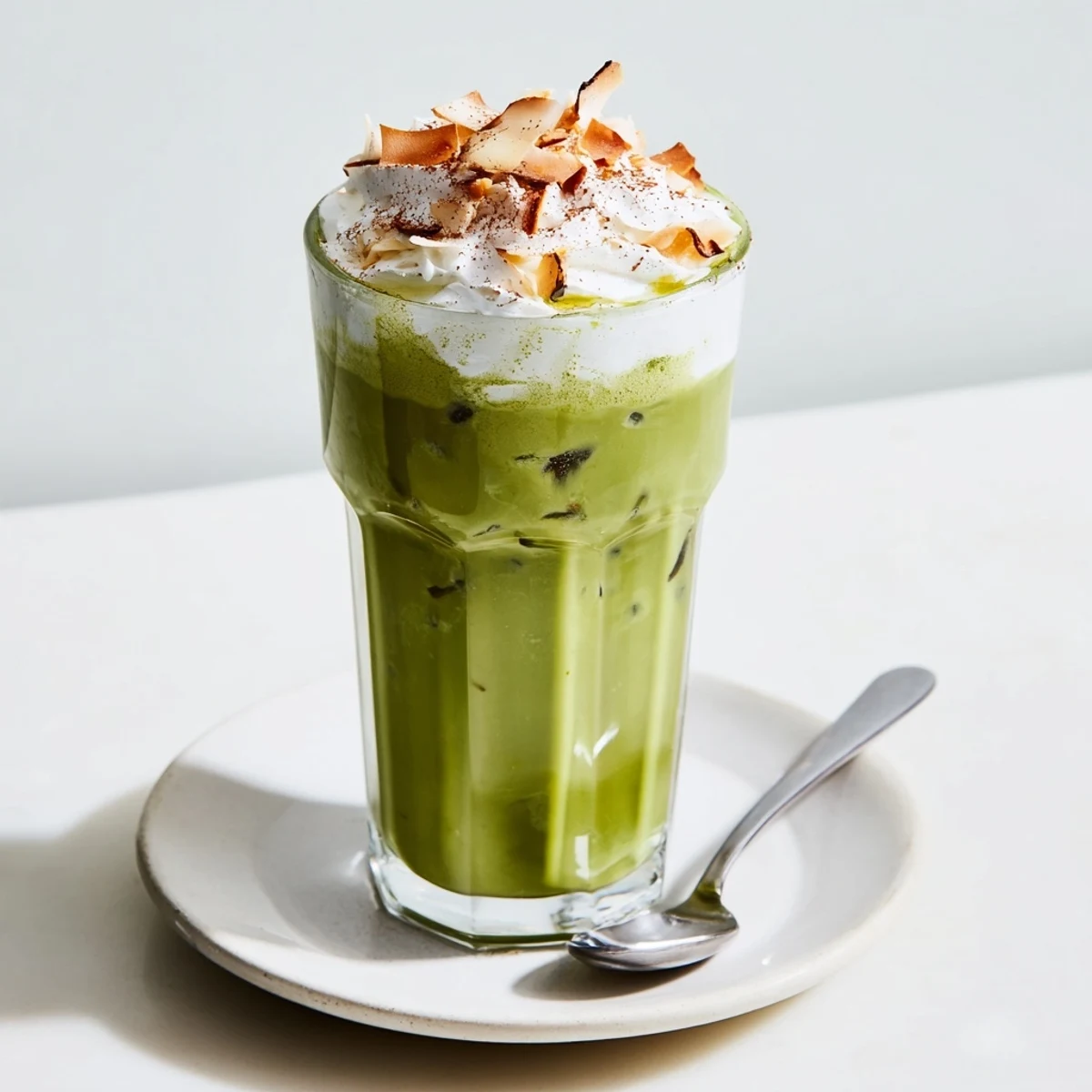 A refreshing glass of Toasted Coconut Gingerbread Iced Matcha with toasted coconut garnish, perfect for a treat.