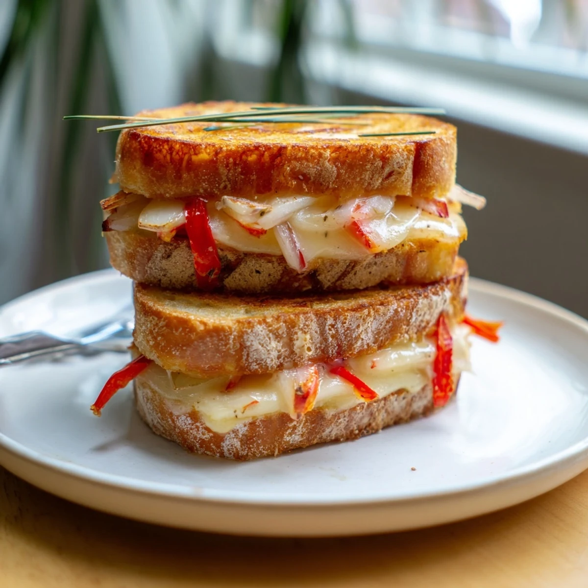 Golden-brown Brie, Apple & Honey Christmas Candle Grilled Cheese, oozing with melted cheese and sweet apple.