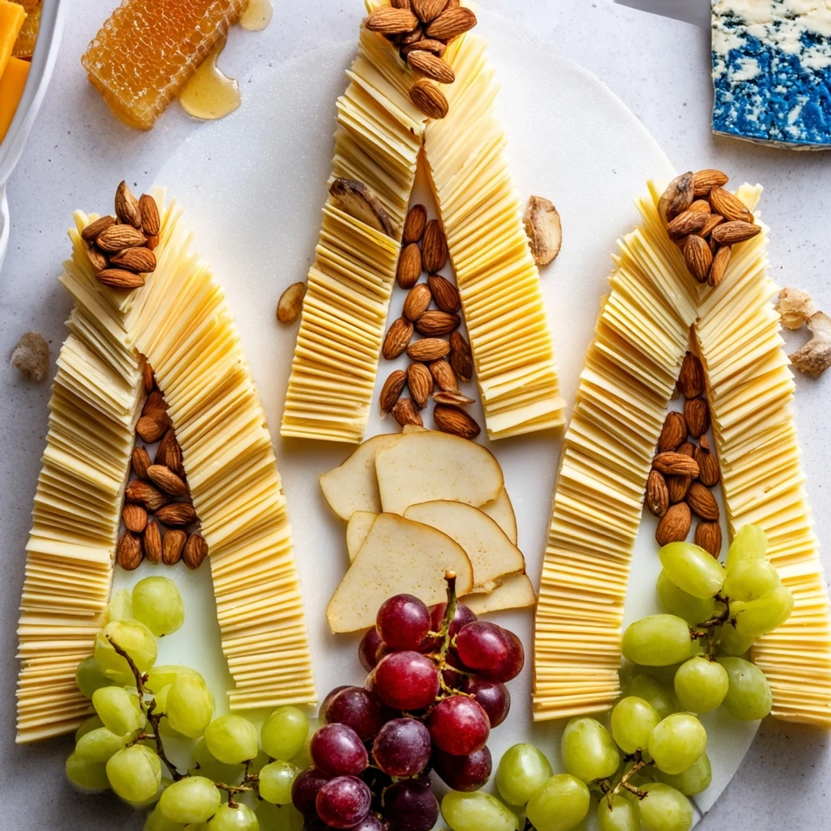 Art Deco Arch Cheese Platter with stacked cheeses and colorful fruits, perfect appetizer.
