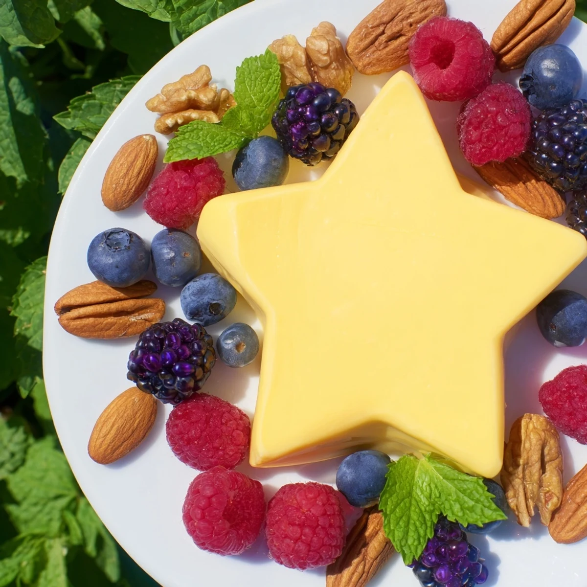 A beautiful Shooting Star Cheese Board, featuring a star-shaped cheddar with mixed nuts and berries.