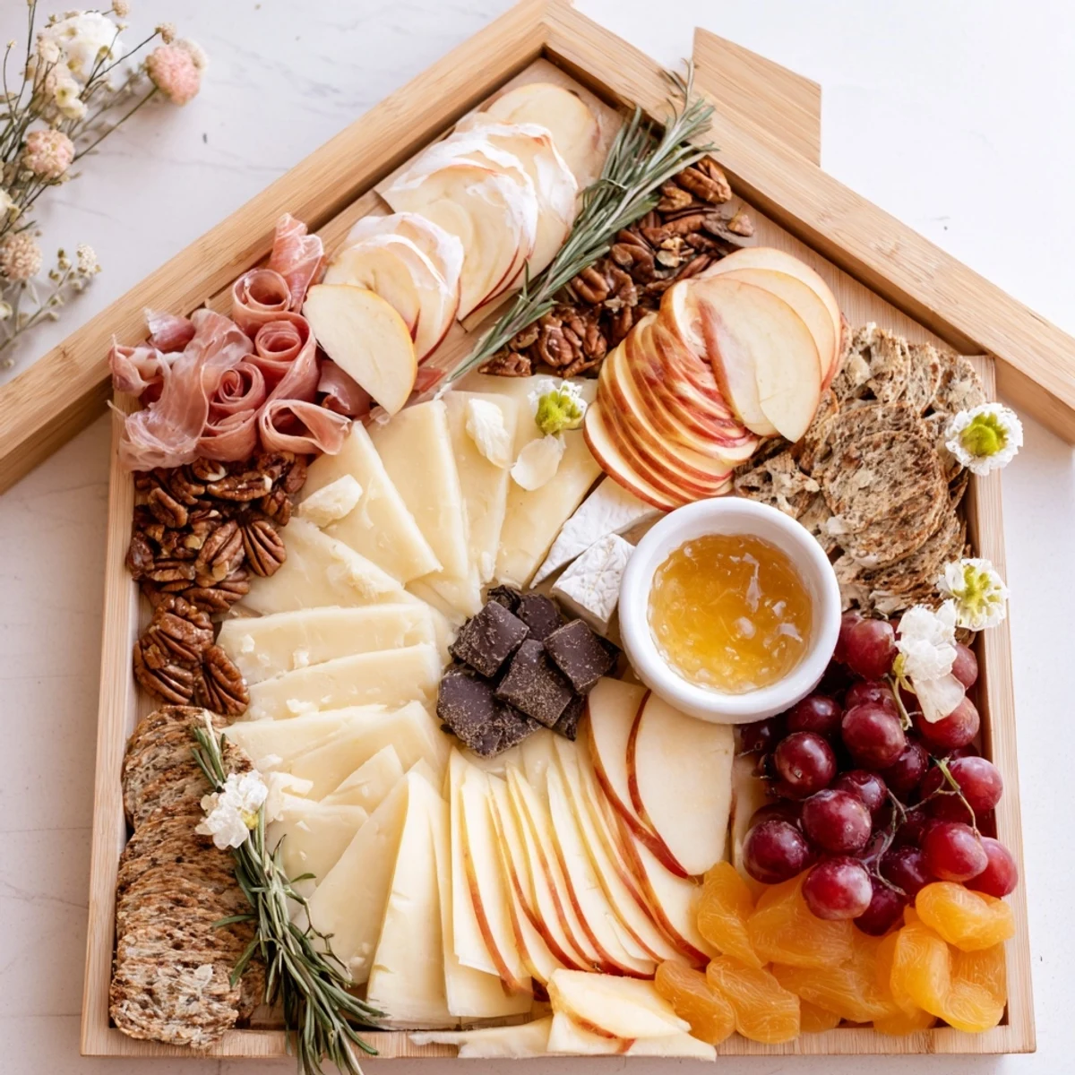 Sweet Home Charcuterie Board: A beautifully arranged house-shaped charcuterie board featuring an array of artisan cheeses.