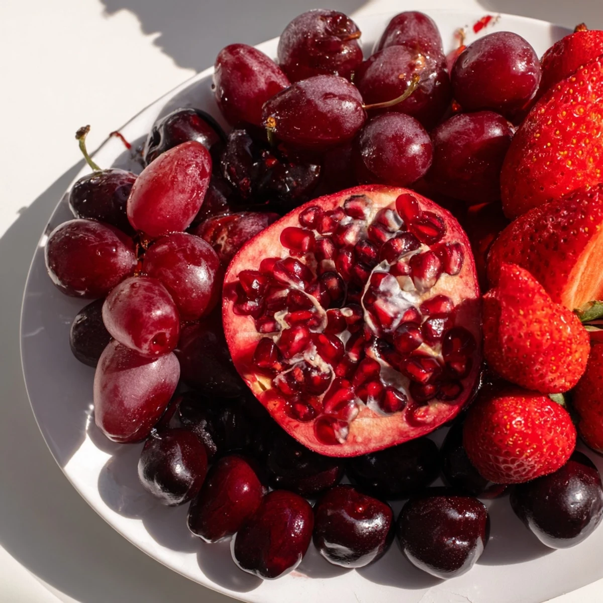 Vibrant Pomegranate Pivot fruit platter showcasing red to pink hues, perfect for a refreshing appetizer.