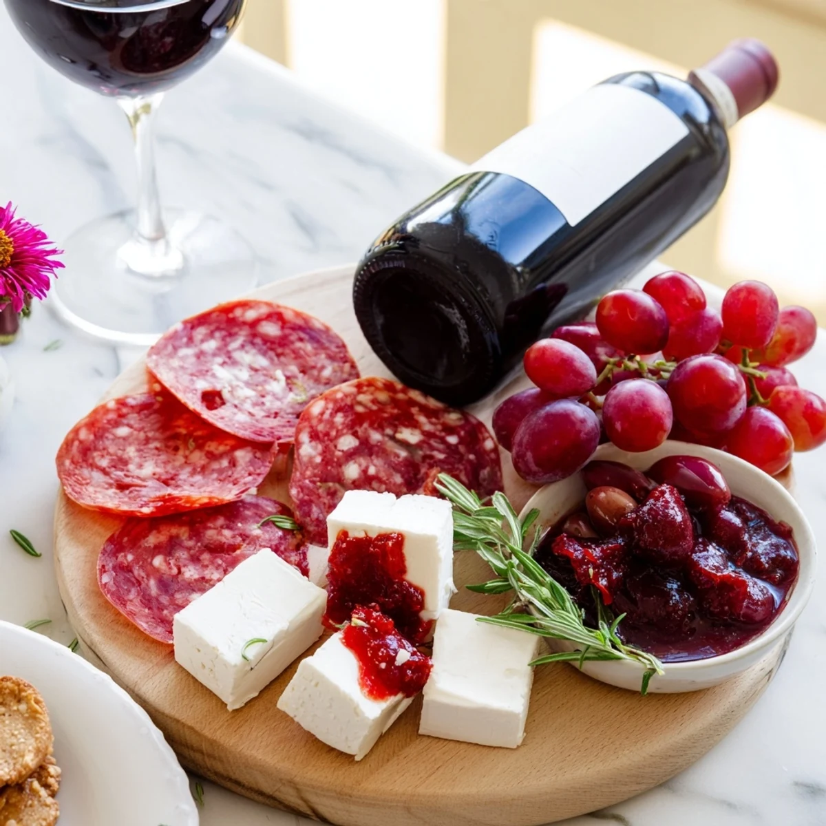 A vibrant Ruby Red Wine Stain Board with cheese, meats, and delicious red wine accompaniments.