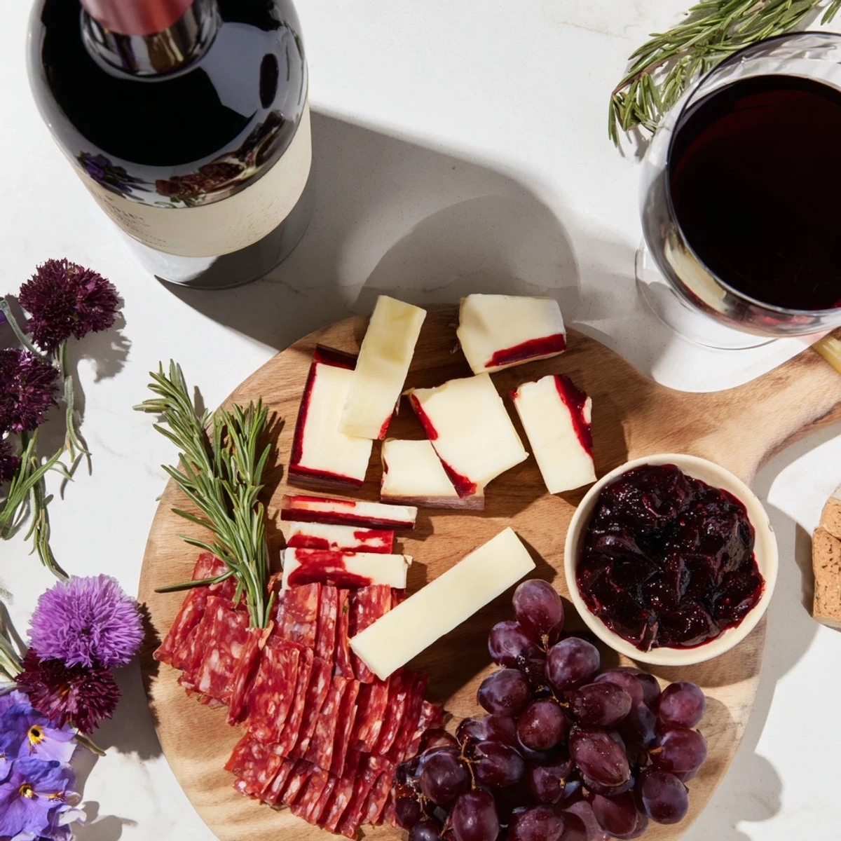 This stunning Ruby Red Wine Stain Board displays an array of cheeses and charcuterie, ready to enjoy.
