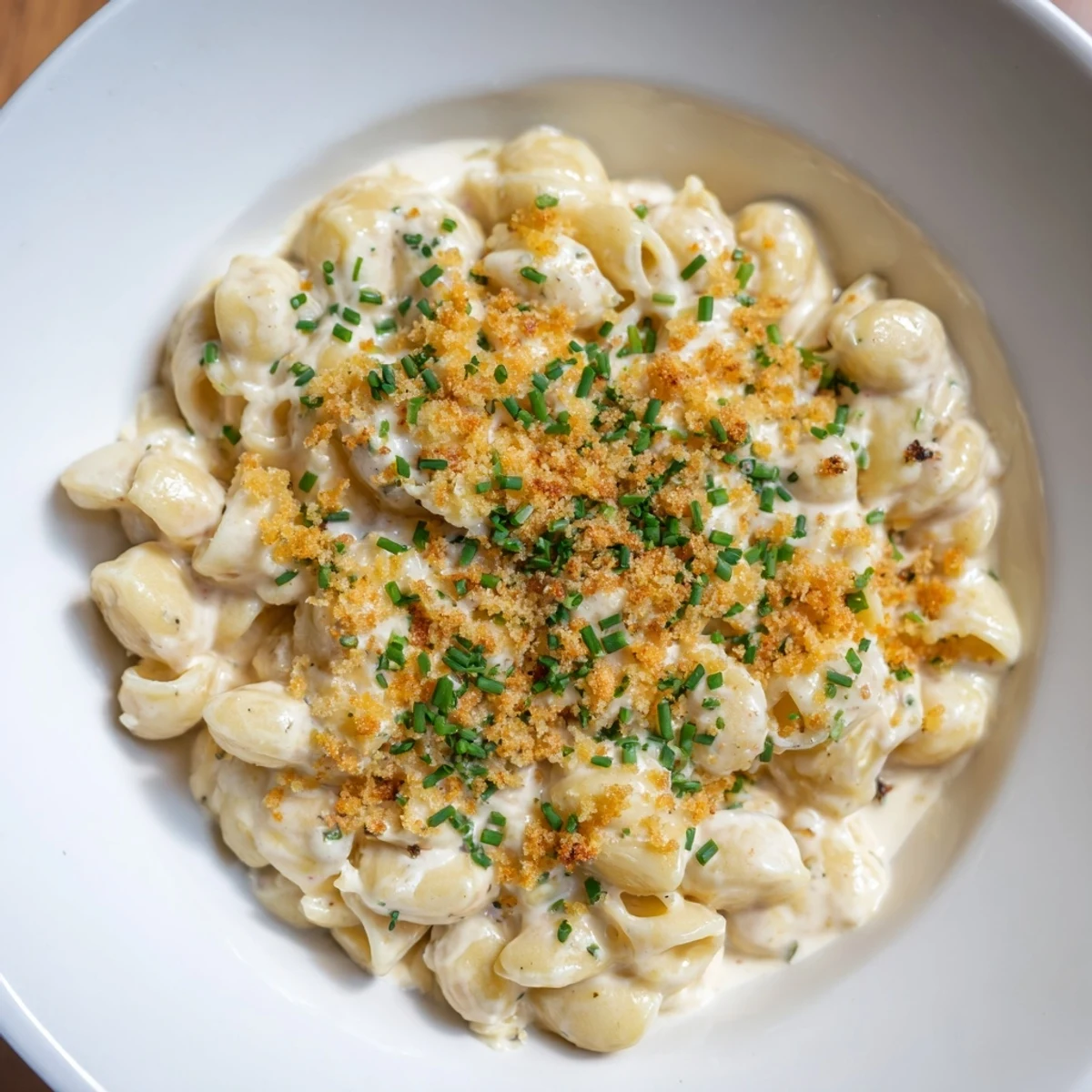 Golden, bubbling Cottage Cheese Mac and Cheese topped with fresh chives, ready to serve.