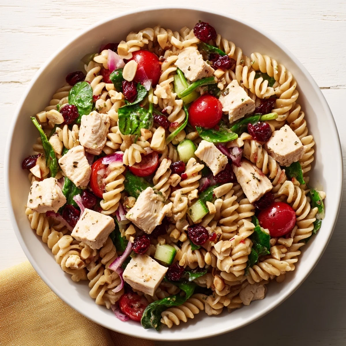 This pasta salad with cranberry vinaigrette shows a colorful array of ingredients and a beautiful presentation.