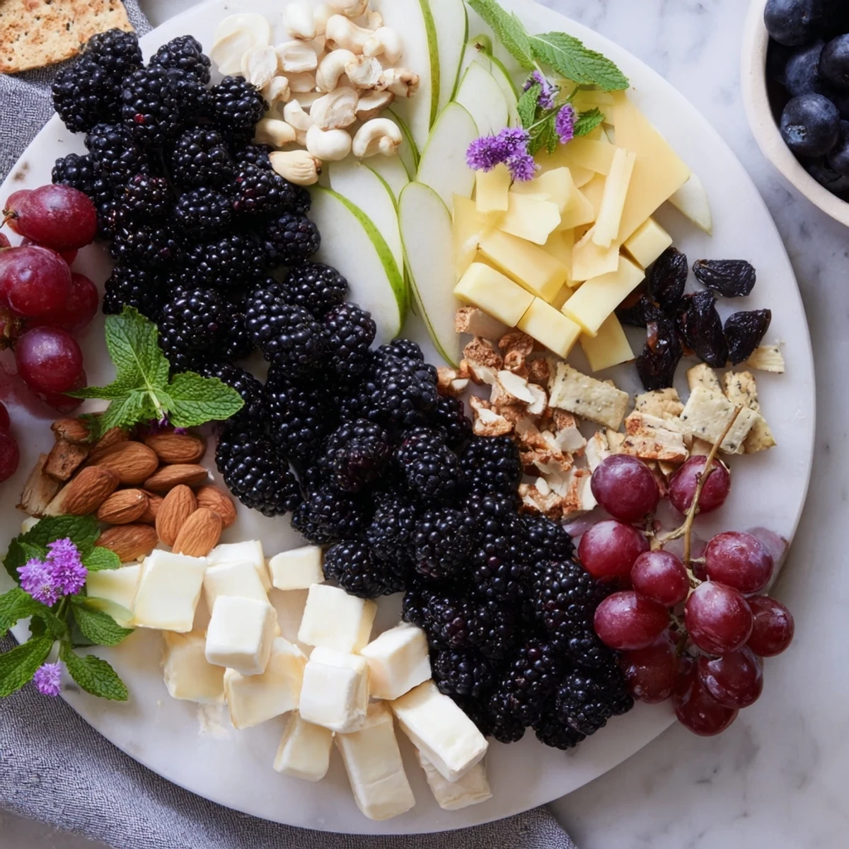 Elegant Yin-Yang Balance appetizer board features blackberries dividing cheese and fruit selections beautifully.