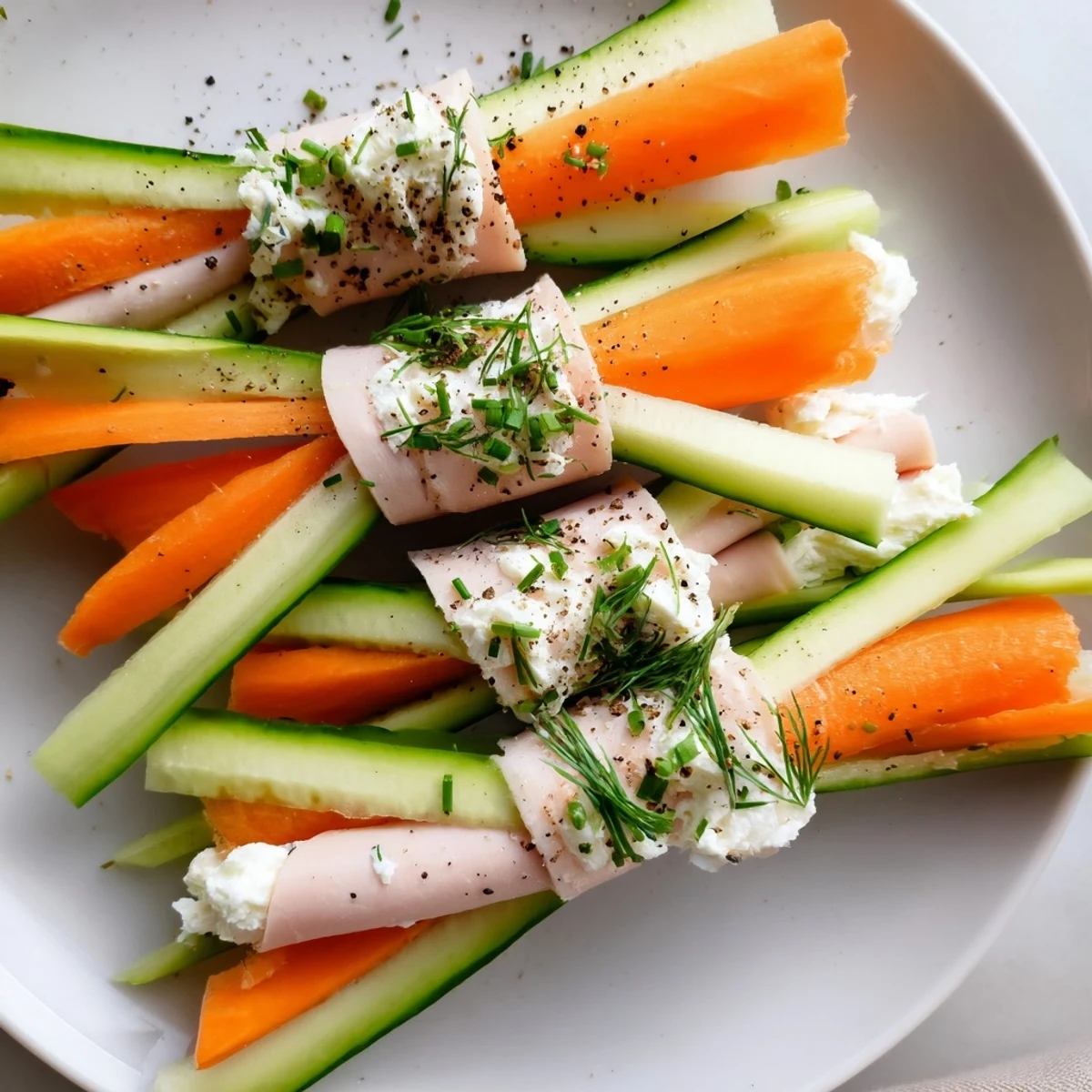 Appetizing Ribbon Dancer appetizer with spiraled veggie ribbons and savory sliced turkey rolls.