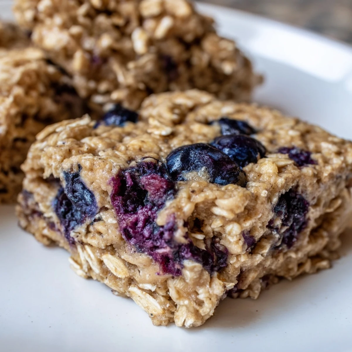 Freshly made Blueberry Banana Oatmeal Protein Bars with a soft, chewy texture, perfect for a quick snack.