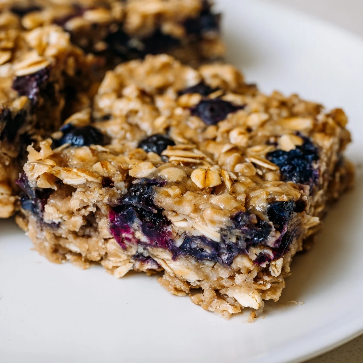 Enjoy a stack of homemade Blueberry Banana Oatmeal Protein Bars, highlighting the lovely blueberries and oats.