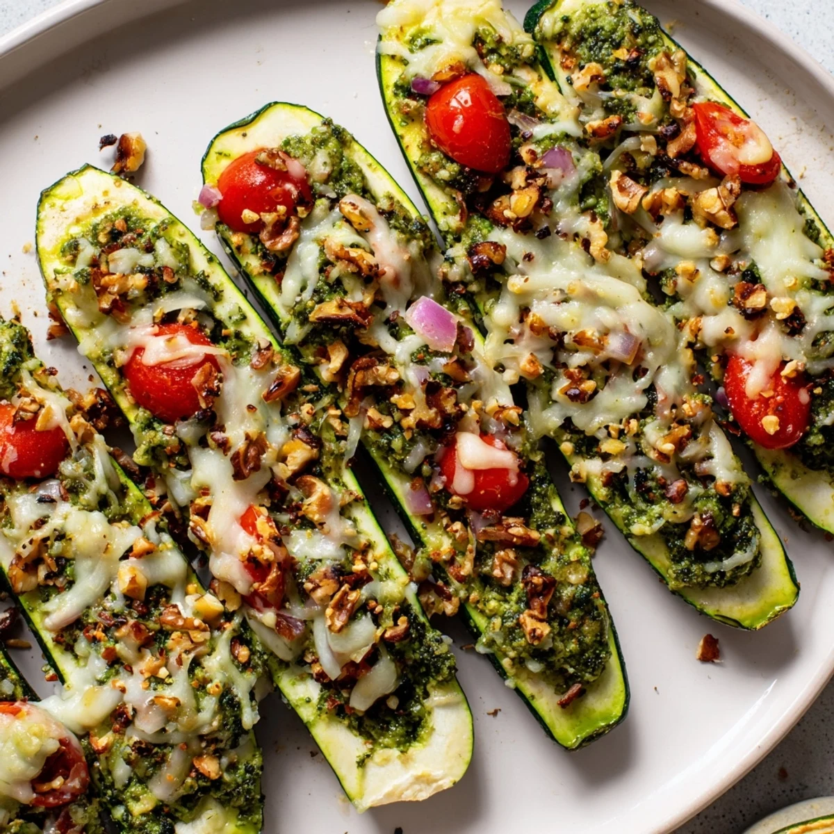 Golden, bubbly cheese melts atop savory, vibrant Cheesy Pesto Zucchini Boats, perfect for a vegetarian dinner.