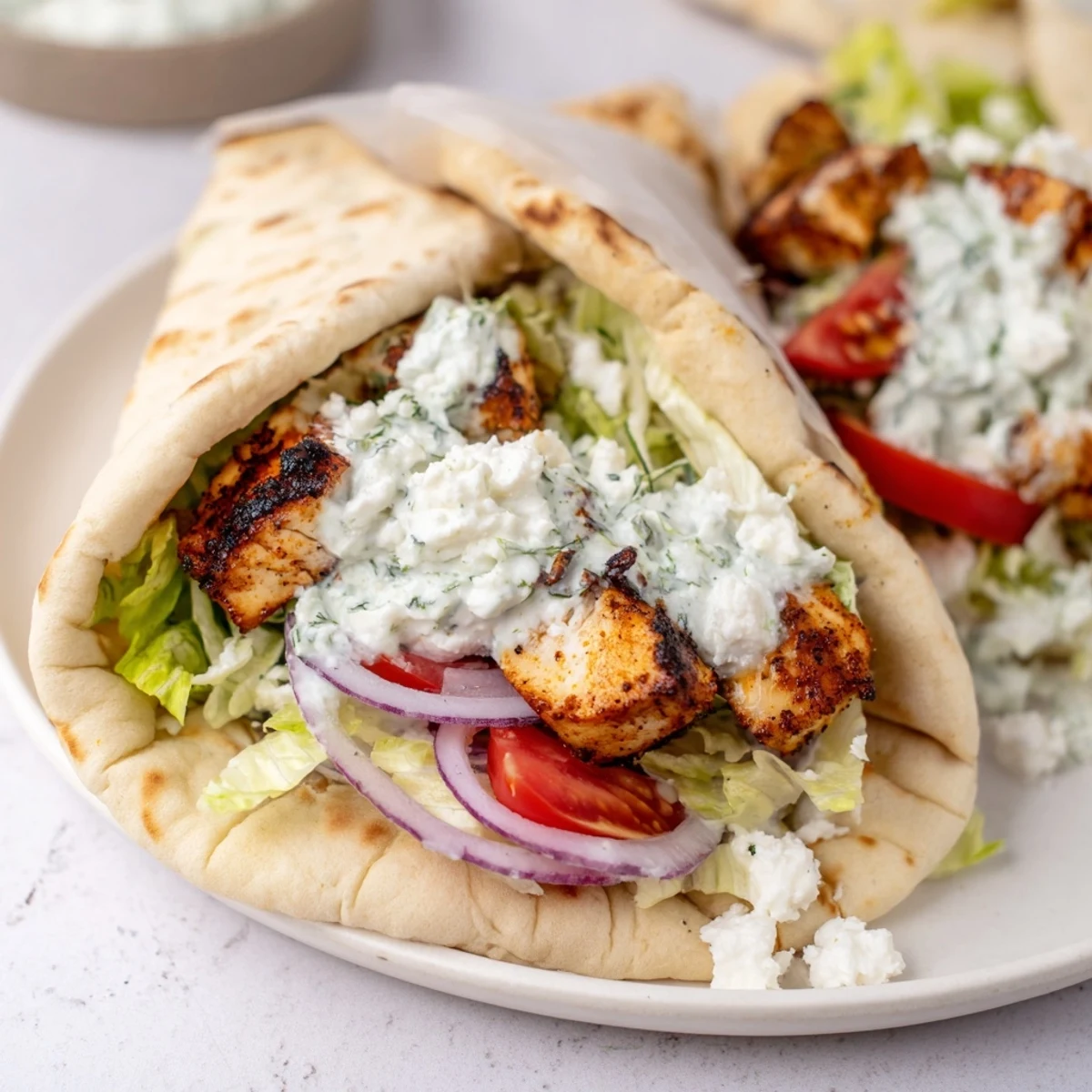 Greek Chicken Souvlaki Wraps, featuring savory grilled chicken, fresh veggies, and creamy tzatziki filling the pita.
